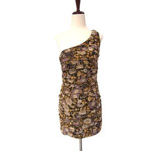 NWT Zara Womens Floral Ruched One Shoulder Mini Dress S Chiffon Bodycon Black